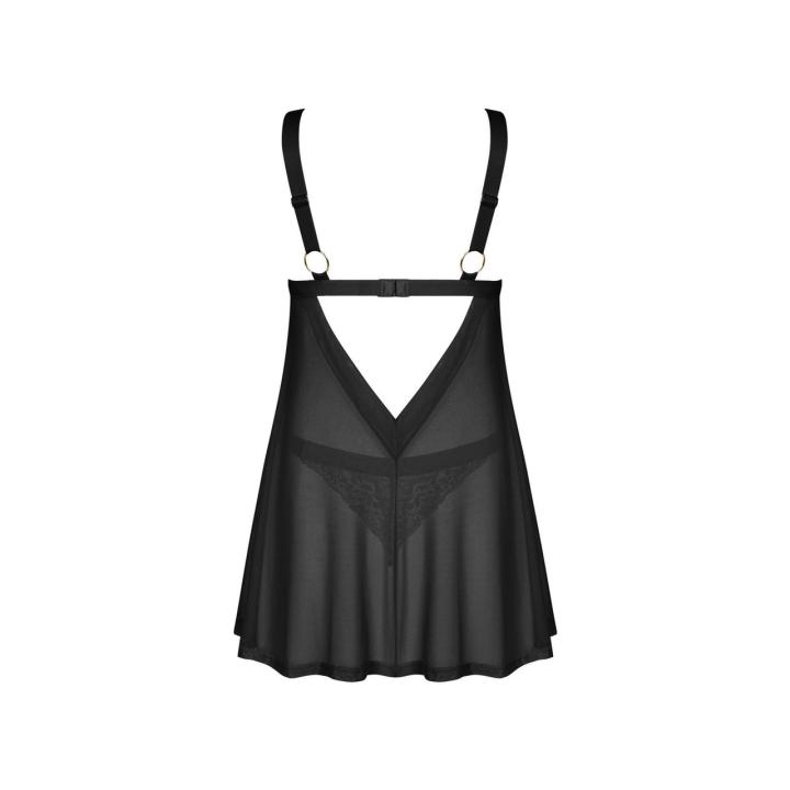 Czarna babydoll z koronką i odkrytym brzuchem + stringi