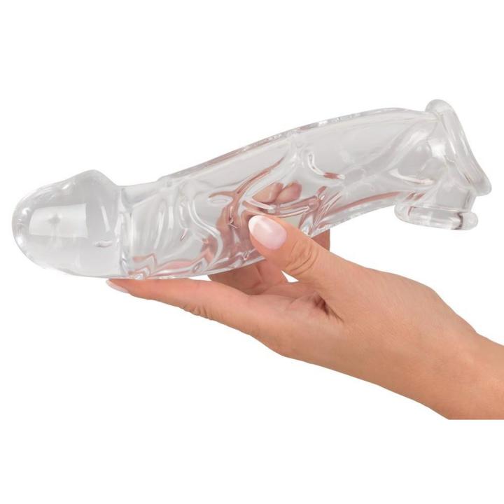 Przezroczysta przedłużka na penisa 23 cm z pierścieniem na jądra