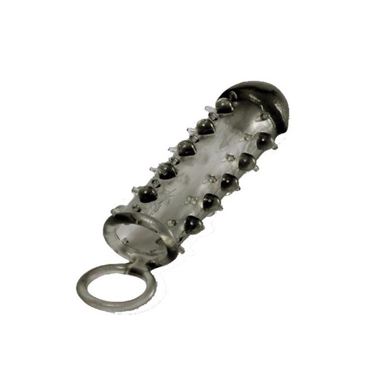 Żelowa nasadka na penisa z wypustkami i pierścieniem | Czarna