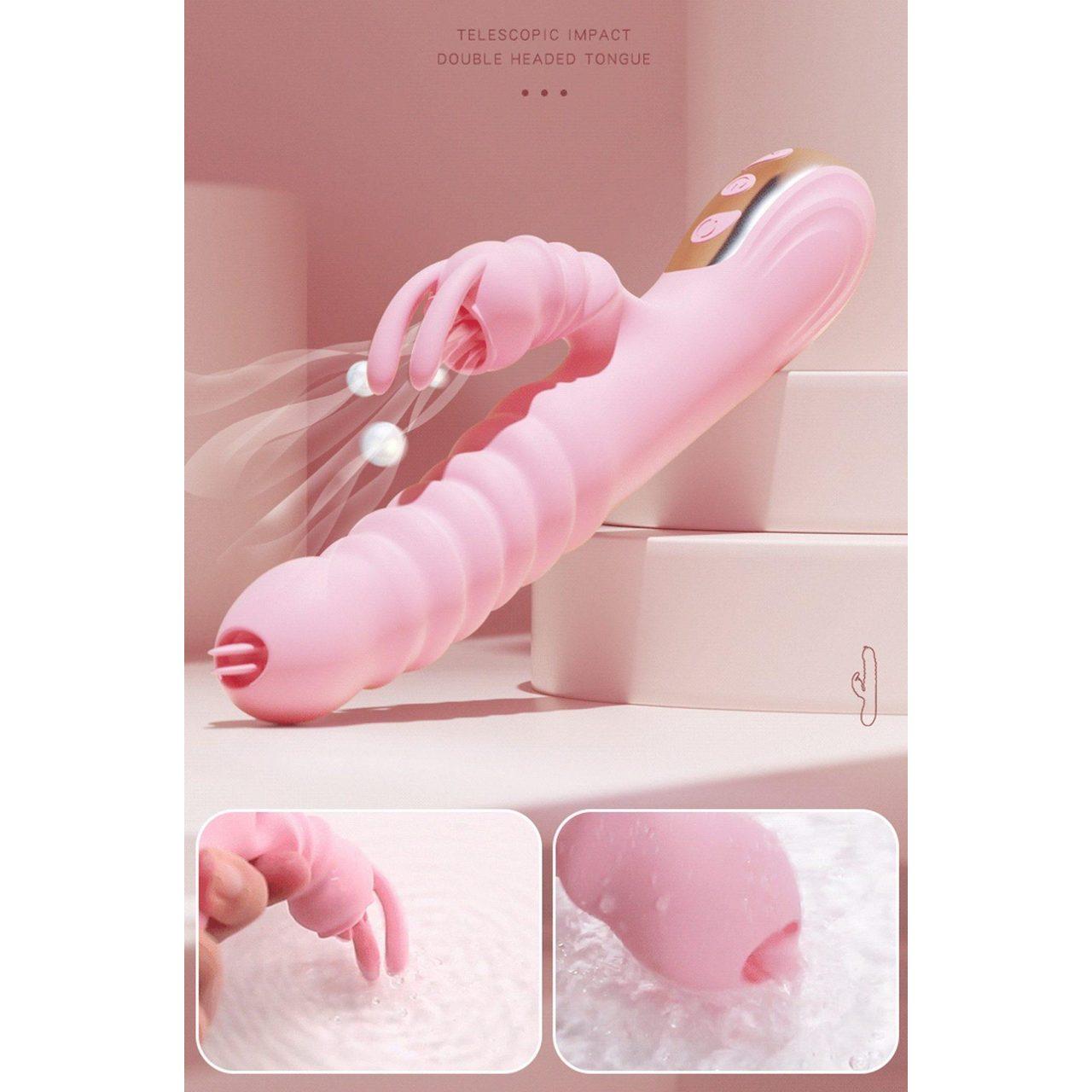 Różowy wibrator króliczek 2w1 USB z języczkiem | 20 trybów | Loris.pl