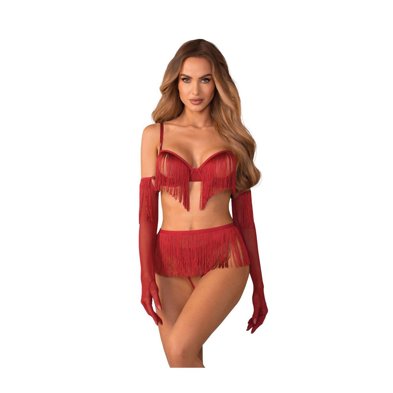 Obsessive Rossay Red S/M – czerwony komplet 4-częściowy open bra i crotchless
