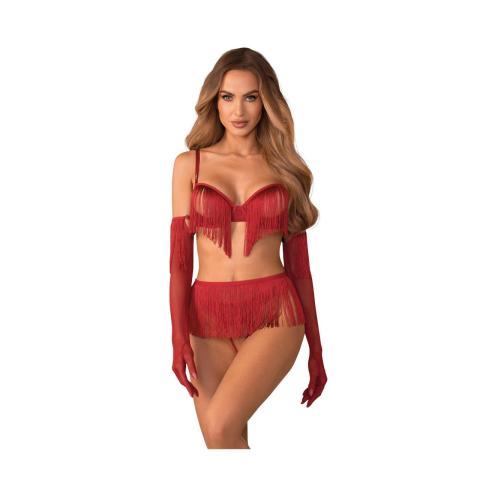Obsessive Rossay Red S/M – czerwony komplet 4-częściowy open bra i crotchless
