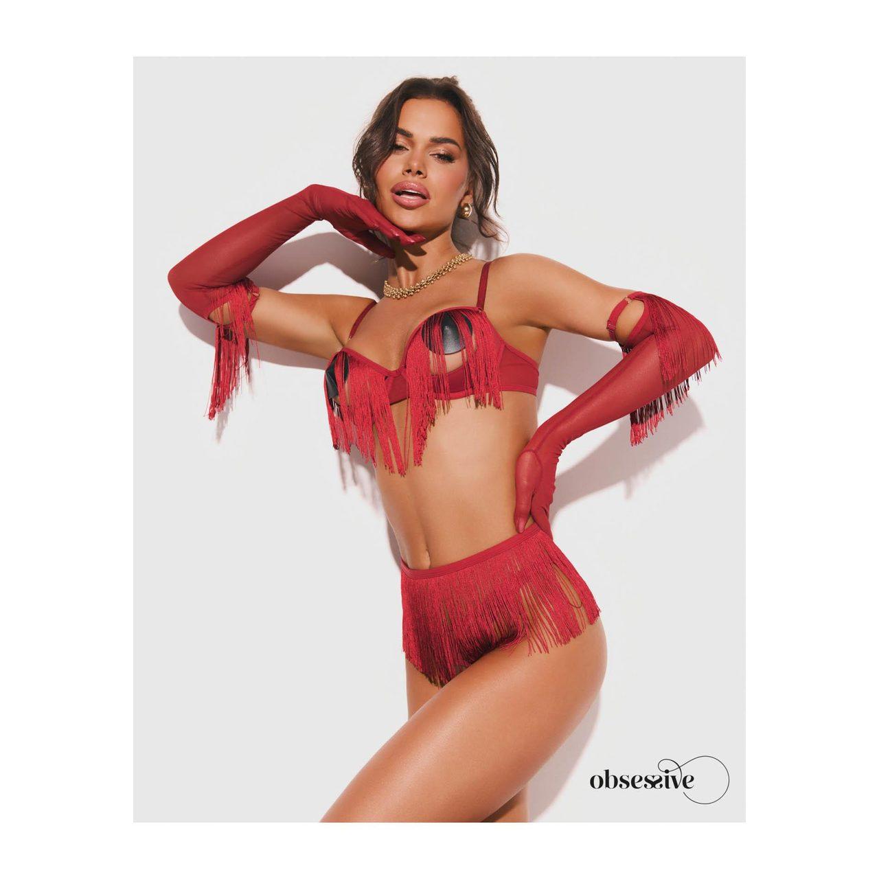 Obsessive Rossay Red S/M – czerwony komplet 4-częściowy open bra i crotchless