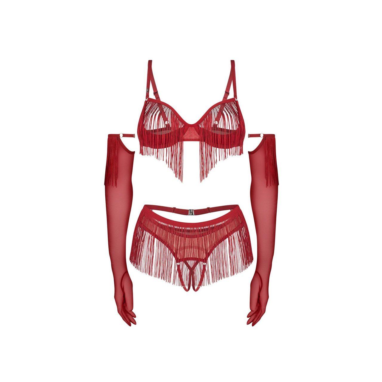 Obsessive Rossay Red S/M – czerwony komplet 4-częściowy open bra i crotchless