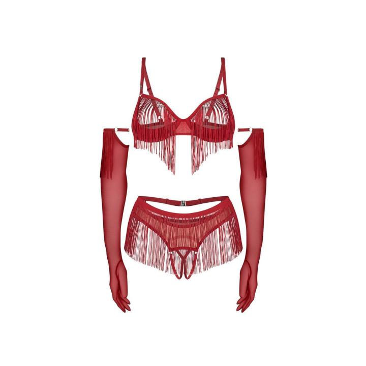 Obsessive Rossay Red S/M – czerwony komplet 4-częściowy open bra i crotchless