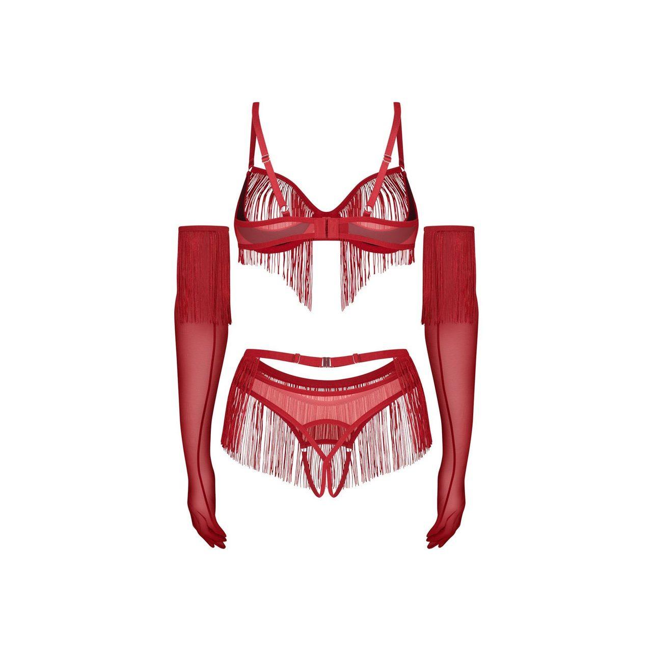 Obsessive Rossay Red S/M – czerwony komplet 4-częściowy open bra i crotchless