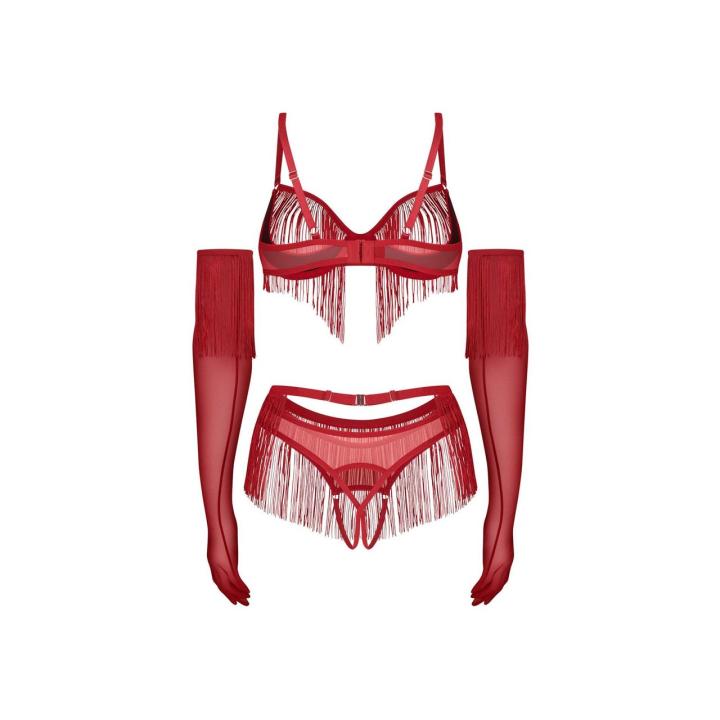 Obsessive Rossay Red S/M – czerwony komplet 4-częściowy open bra i crotchless
