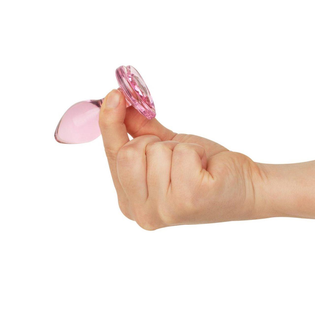 Różowy szklany plug analny 7 cm z bazą serce | Loris.pl