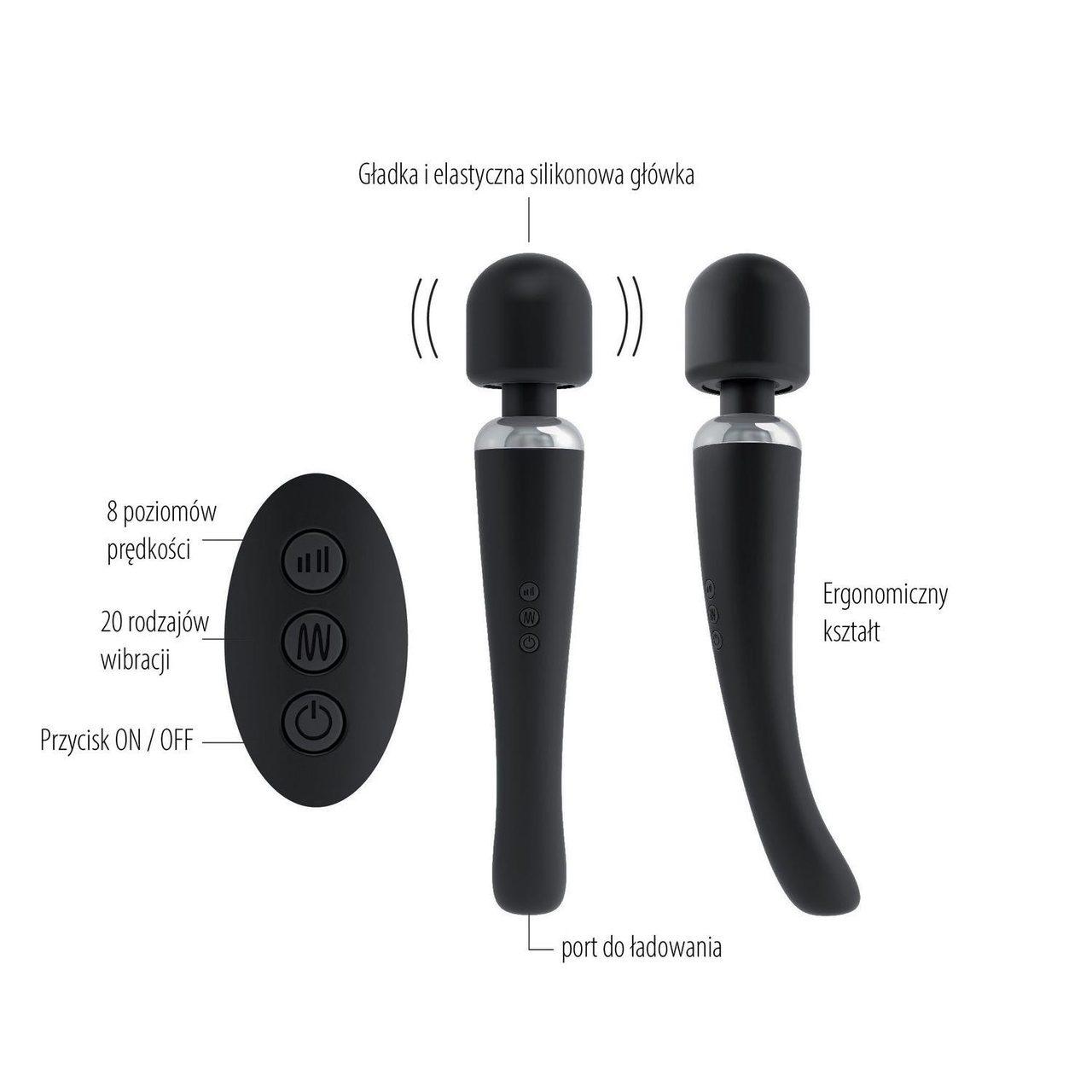 Czarna różdżka wibrująca do masażu 29 cm | 20 programów | USB | Loris.pl