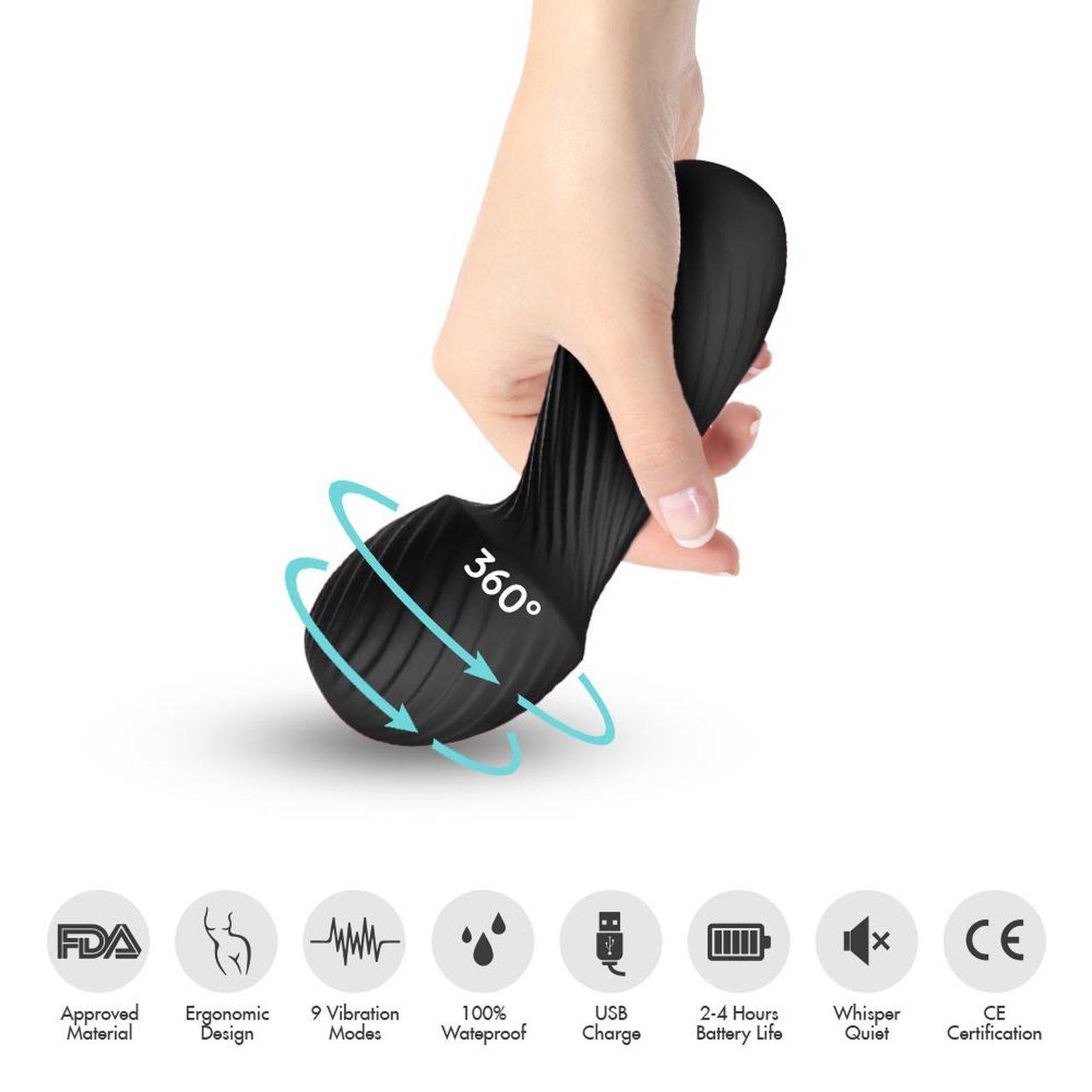 Czarny masażer erotyczny różdżka 9 trybów | Wodoodporny | USB | Loris.pl