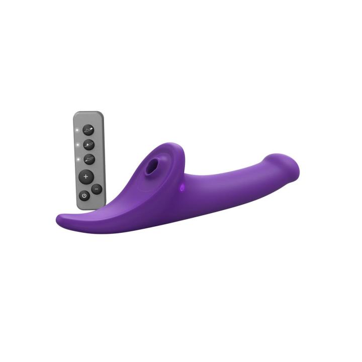 Fioletowe dildo strap-on z pilotem L – 3 silniki, ruch i wibracje, IPX7