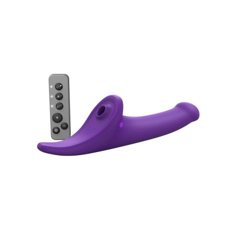 Fioletowe dildo strap-on z pilotem L – 3 silniki, ruch i wibracje, IPX7