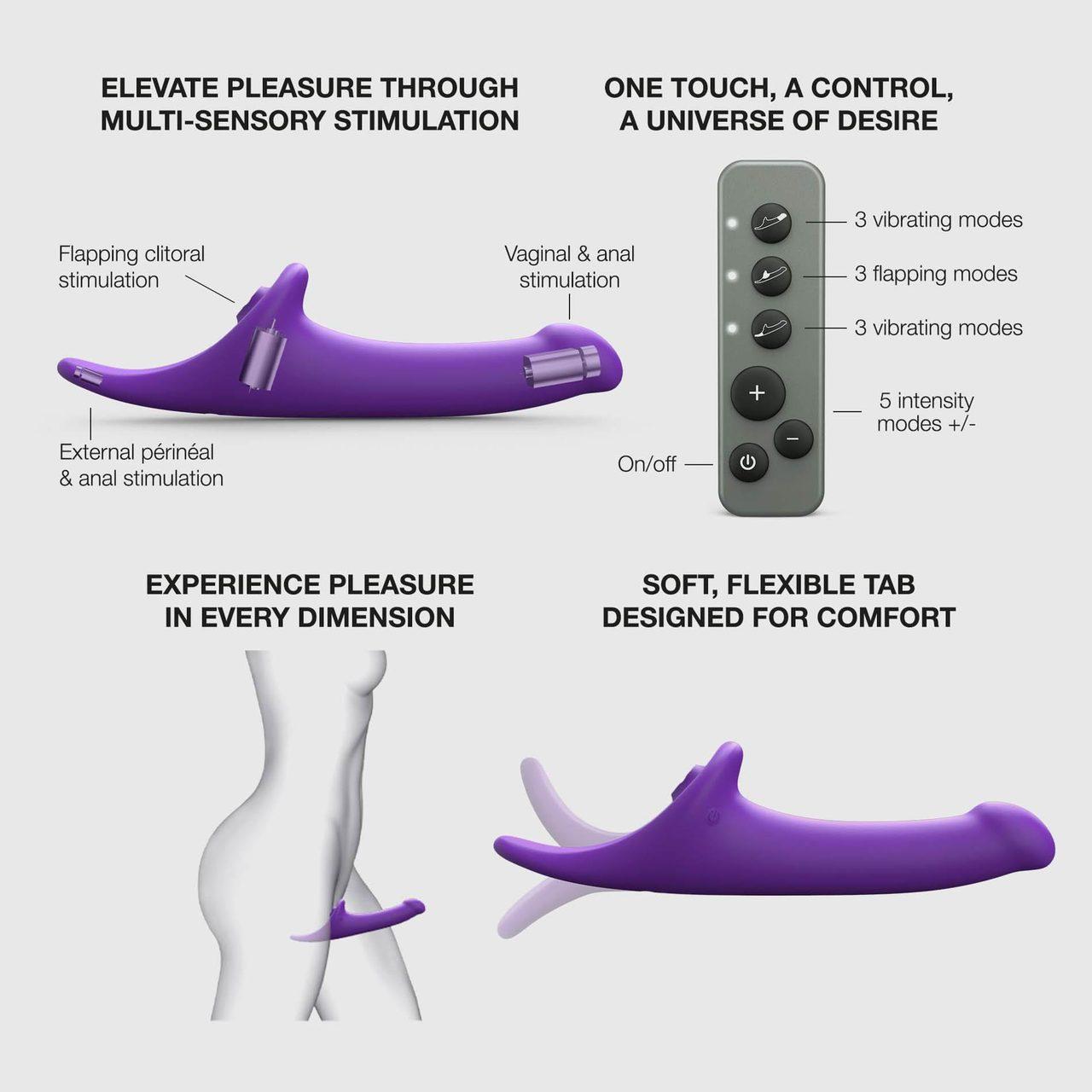 Fioletowe dildo strap-on z pilotem L – 3 silniki, ruch i wibracje, IPX7