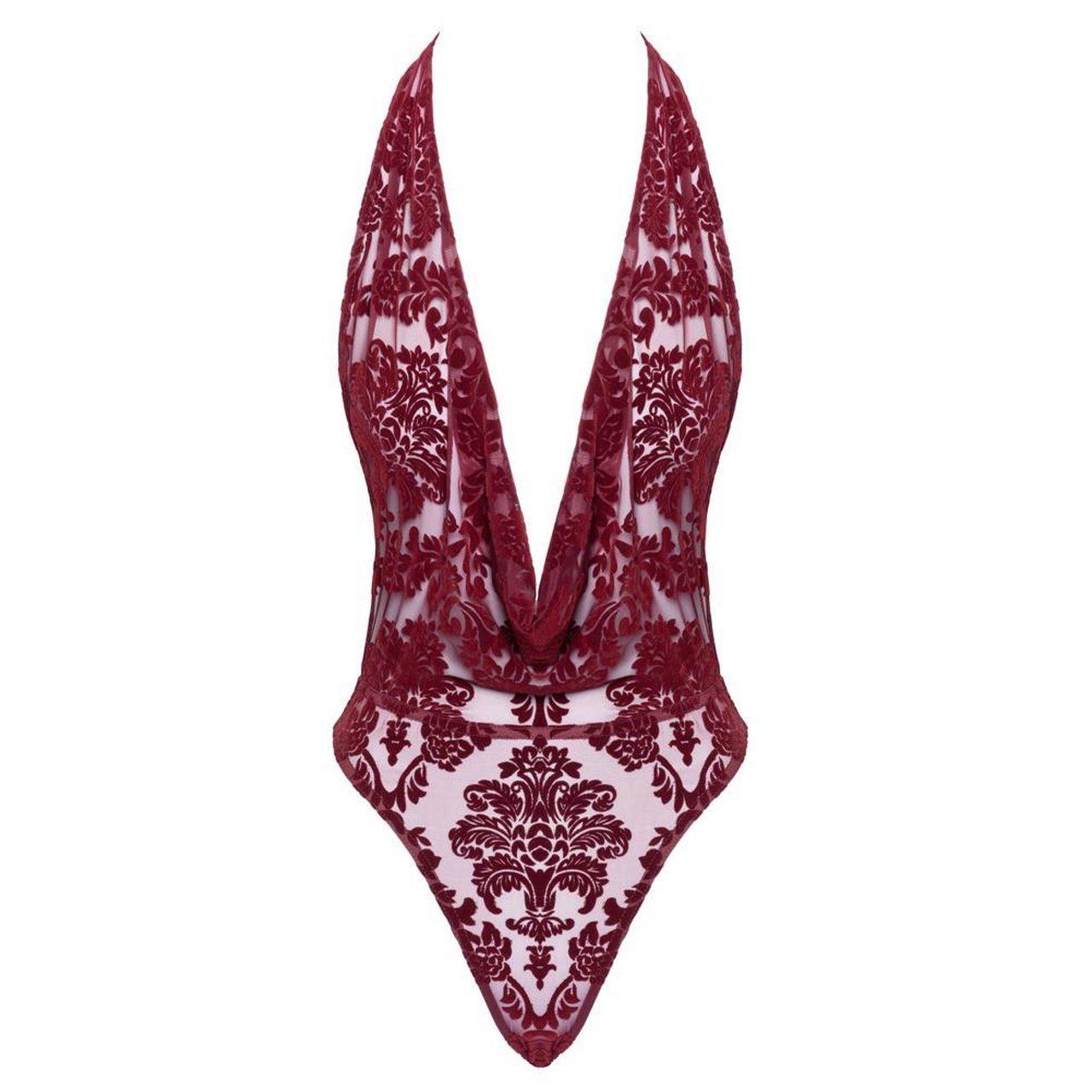 Noir bordowe body string– dekolt cowl, halter, flock print | Loris.pl