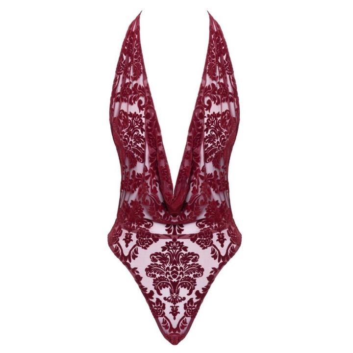 Noir bordowe body string– dekolt cowl, halter, flock print