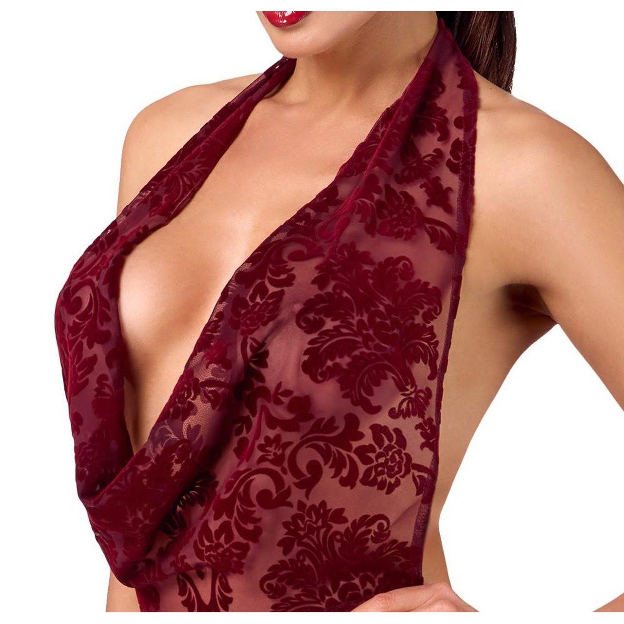 Noir bordowa mini sukienka halter z dekoltem cowl i flock printem | Loris.pl