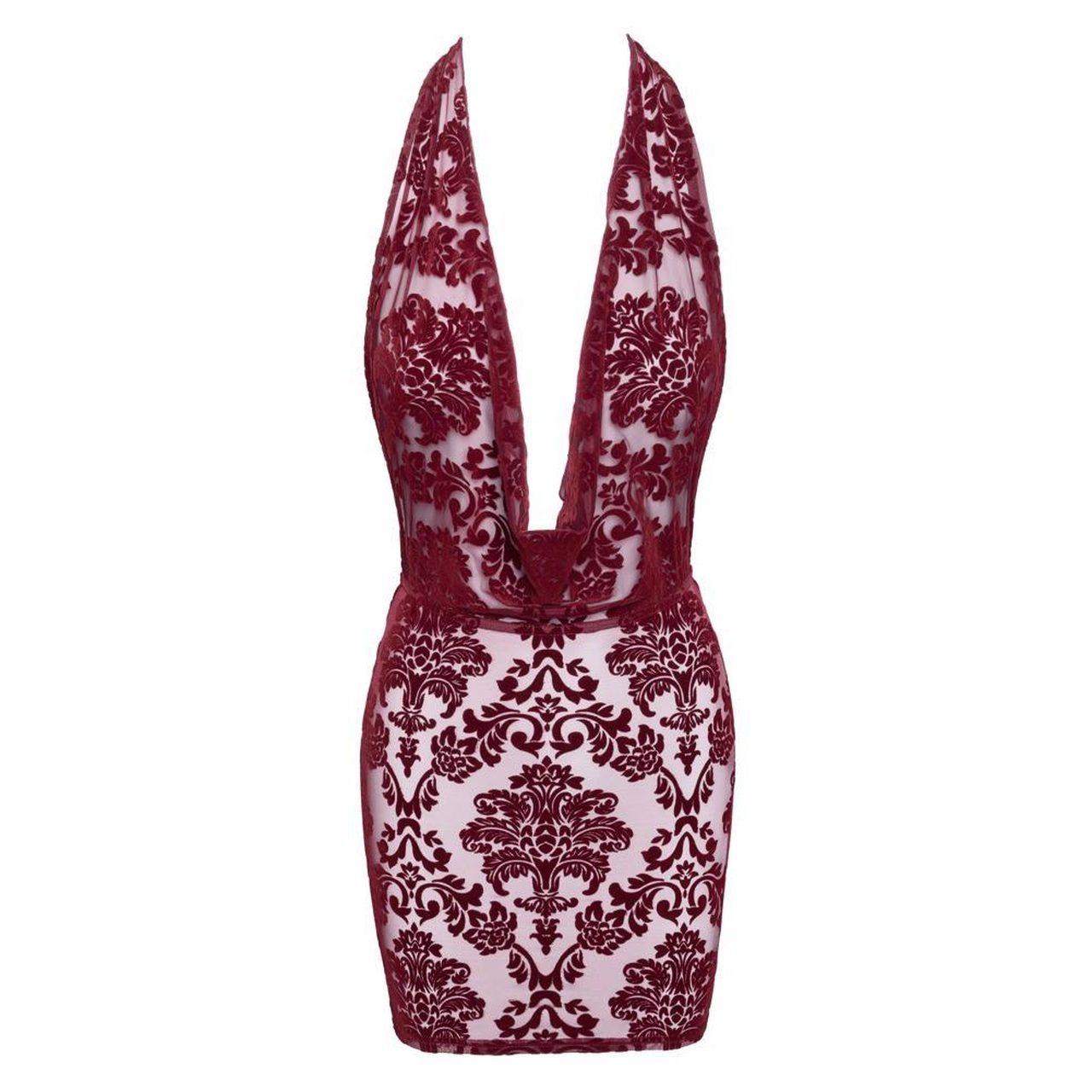 Noir bordowa mini sukienka halter z dekoltem cowl i flock printem | Loris.pl