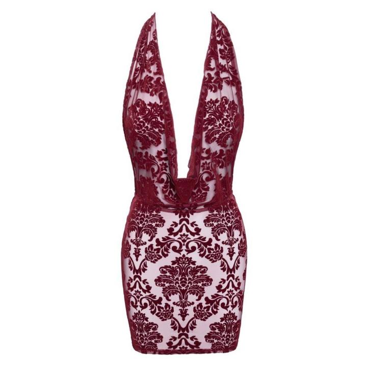 Noir bordowa mini sukienka halter z dekoltem cowl i flock printem
