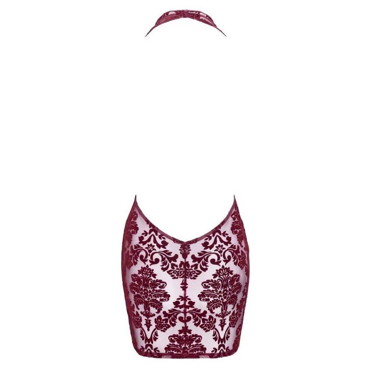 Noir bordowa mini sukienka halter z dekoltem cowl i flock printem | Loris.pl