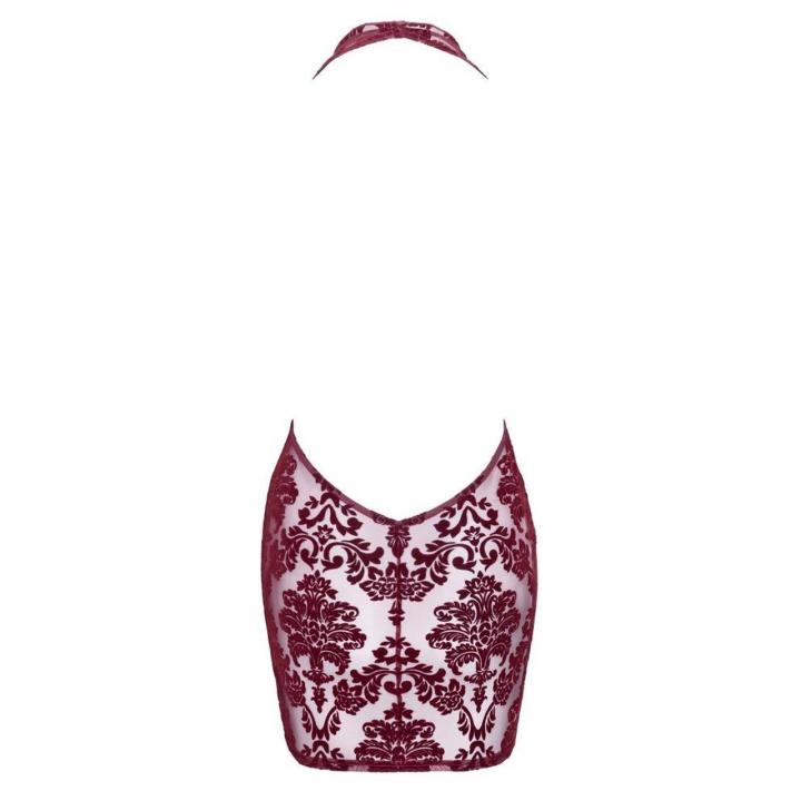 Noir bordowa mini sukienka halter z dekoltem cowl i flock printem