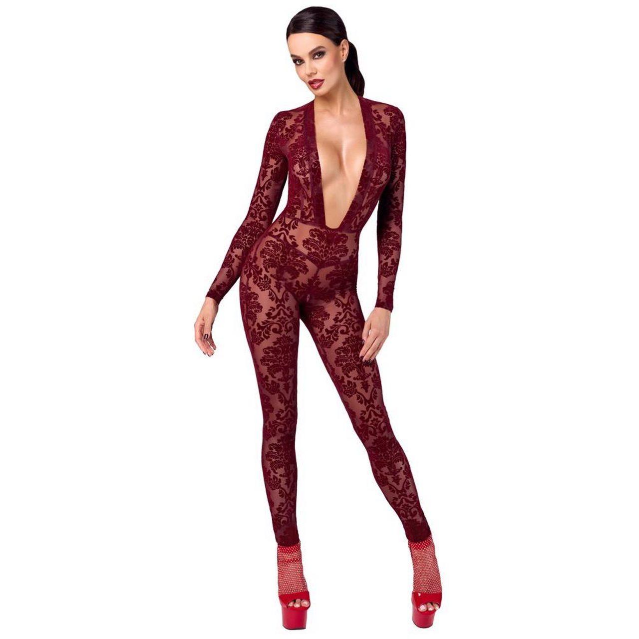 Bordowy kombinezon bodystocking z flock printem i zamkiem w kroku | Loris.pl