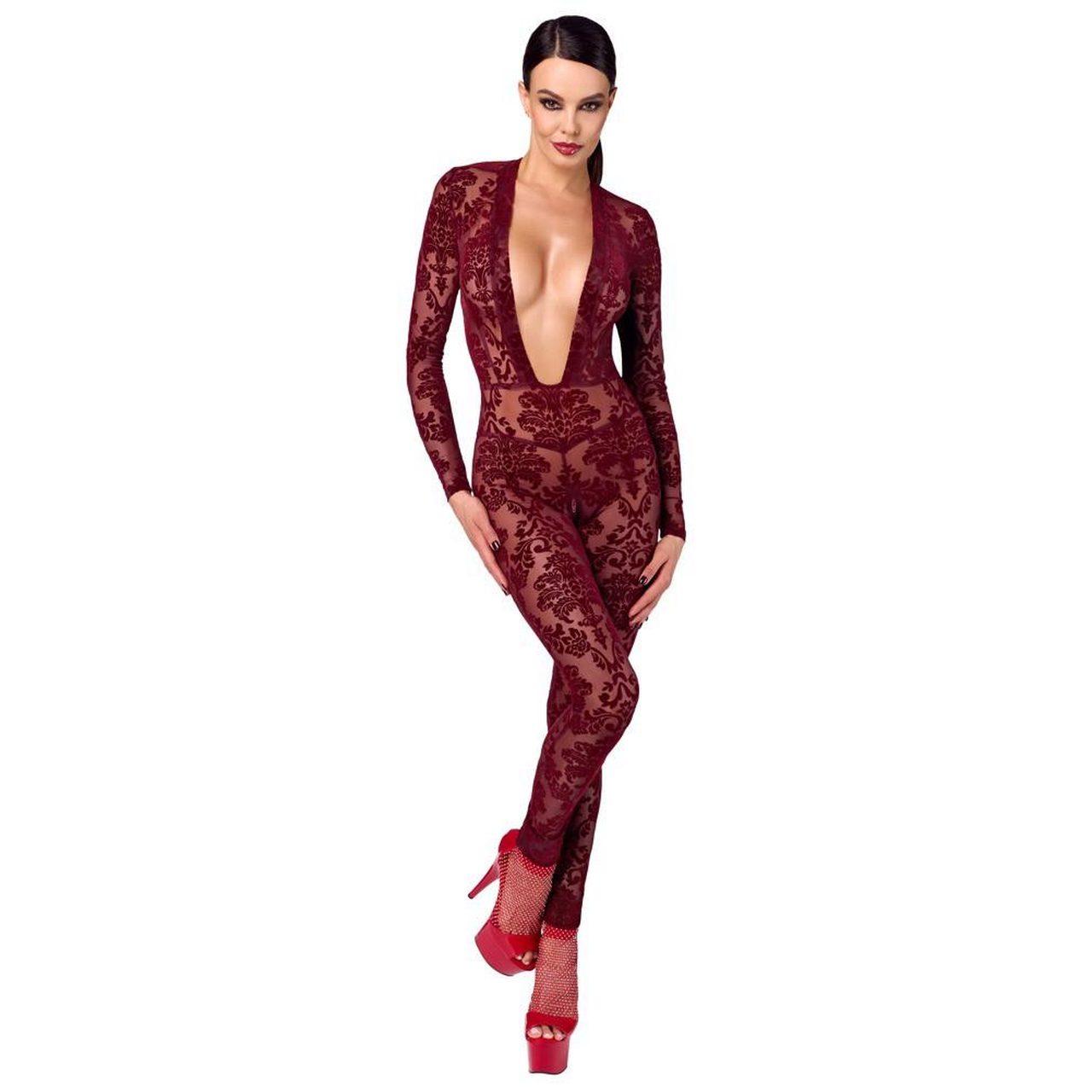 Bordowy kombinezon bodystocking z flock printem i zamkiem w kroku | Loris.pl