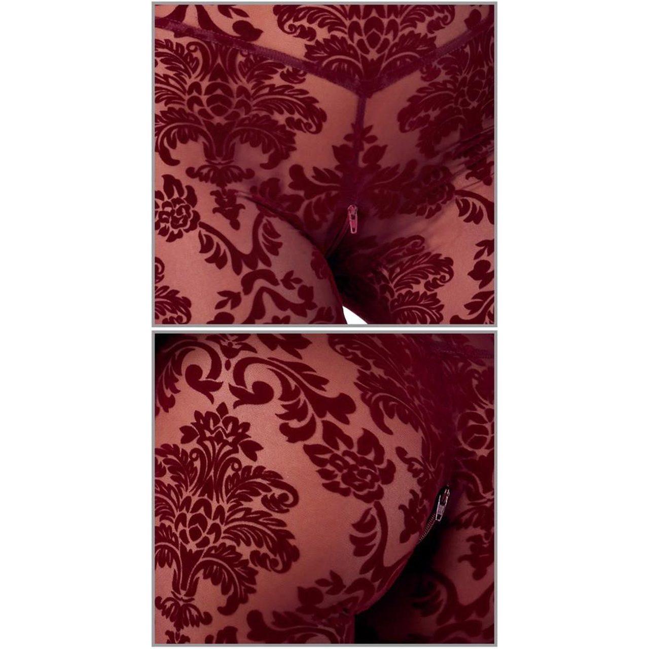 Bordowy kombinezon bodystocking z flock printem i zamkiem w kroku | Loris.pl