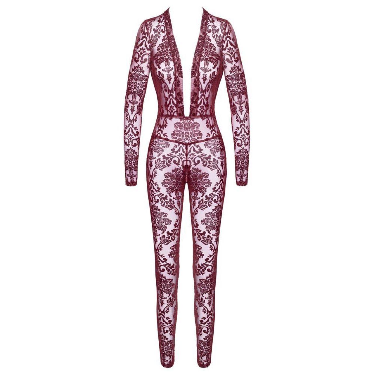 Bordowy kombinezon bodystocking z flock printem i zamkiem w kroku | Loris.pl