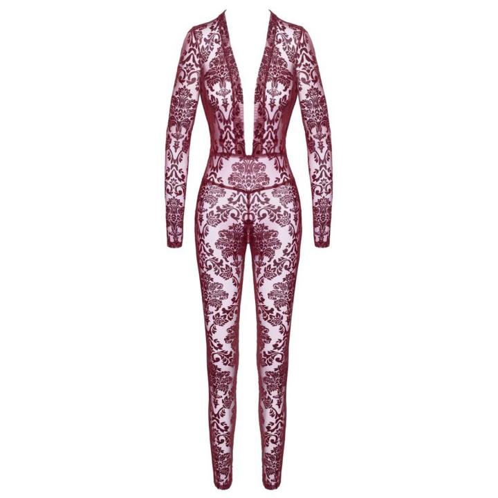 Bordowy kombinezon bodystocking z flock printem i zamkiem w kroku