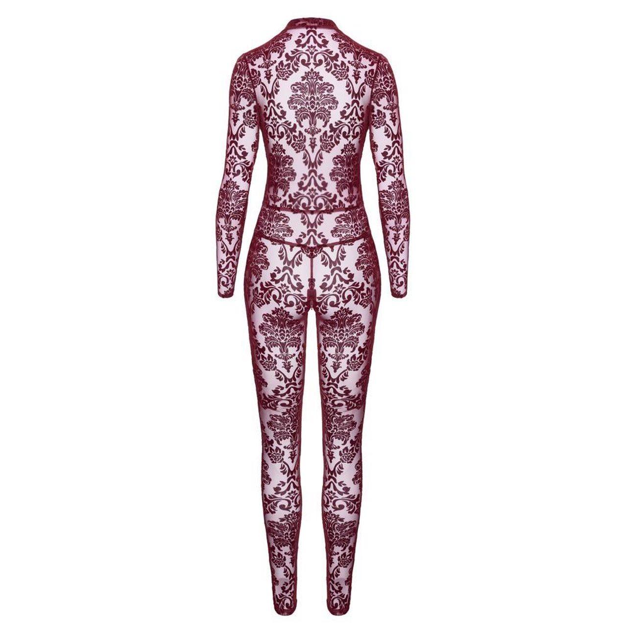 Bordowy kombinezon bodystocking z flock printem i zamkiem w kroku | Loris.pl