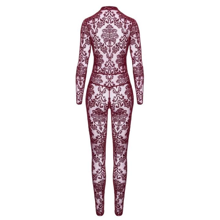 Bordowy kombinezon bodystocking z flock printem i zamkiem w kroku