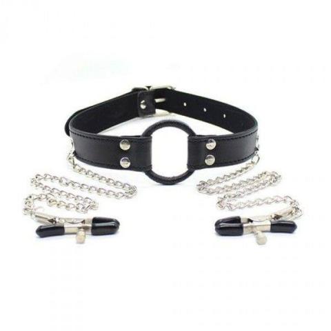 Knebel z ringiem i zaciskami na sutki czarny | BDSM