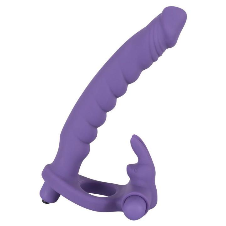 Silikonowy strap-on z wibracją 16 cm – pierścień i stymulator łechtaczki | Loris.pl