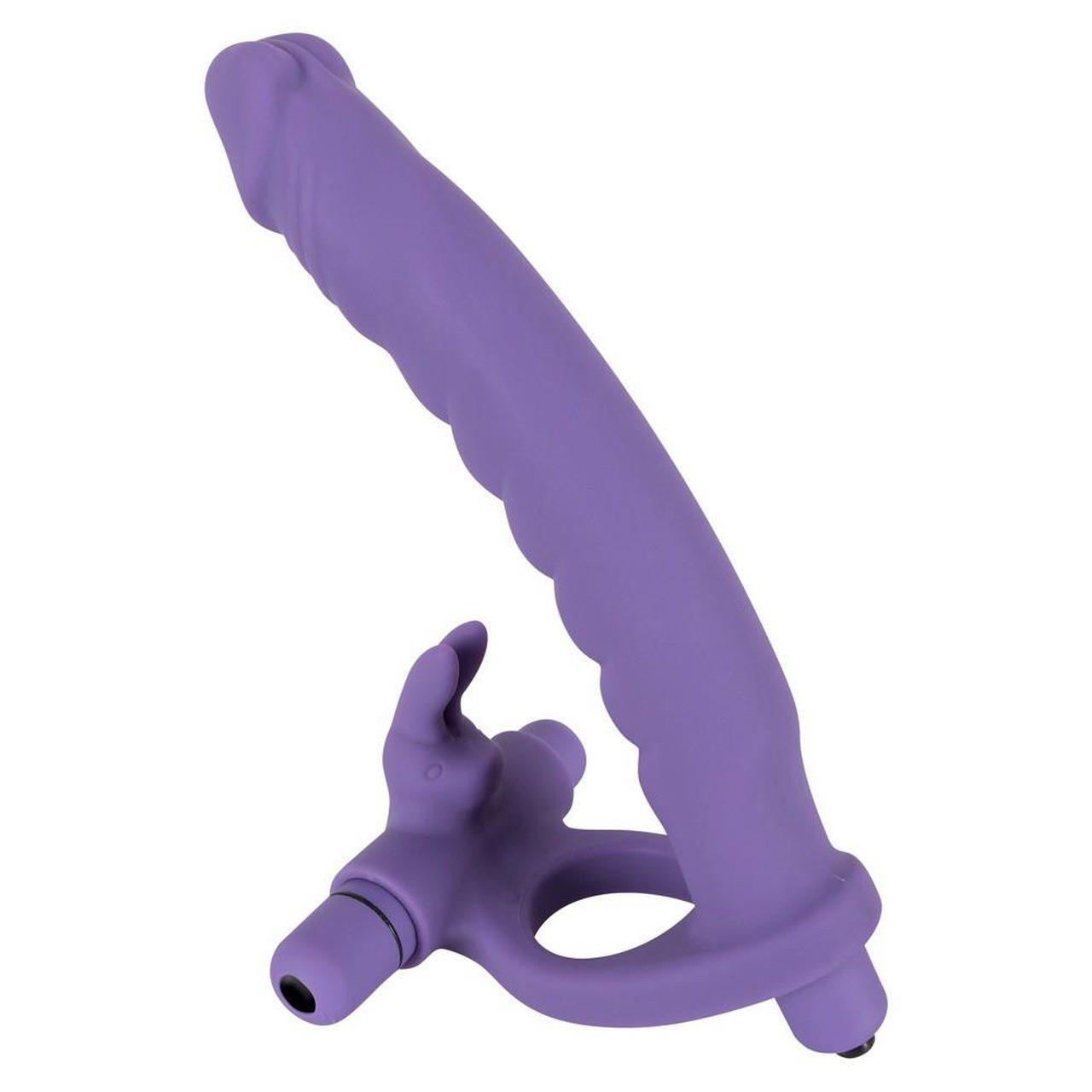 Silikonowy strap-on z wibracją 16 cm – pierścień i stymulator łechtaczki | Loris.pl