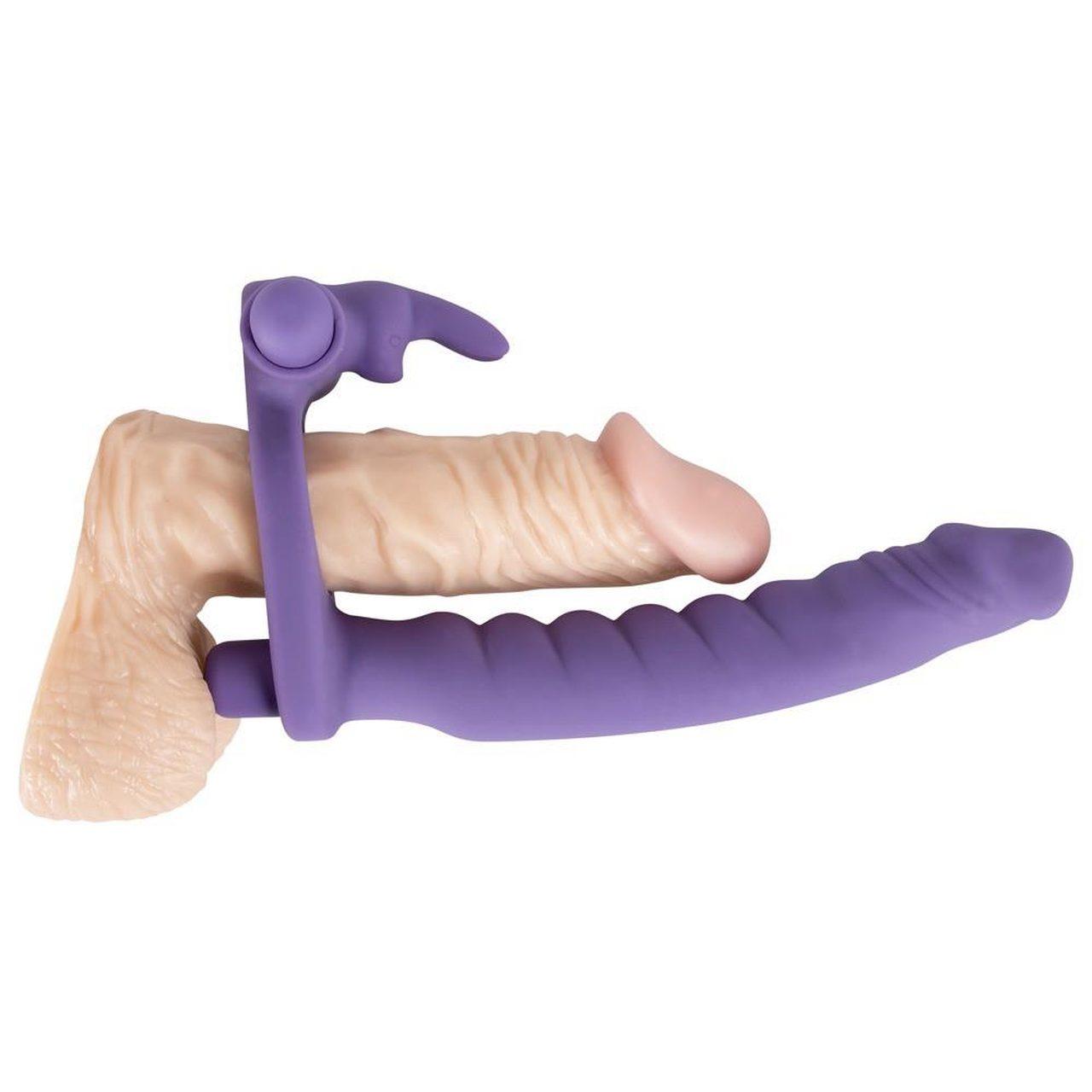Silikonowy strap-on z wibracją 16 cm – pierścień i stymulator łechtaczki | Loris.pl