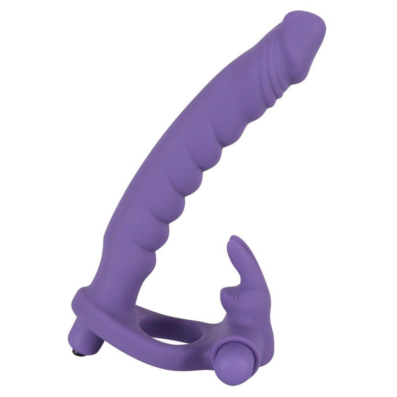 Silikonowy strap-on z wibracją 16 cm – pierścień i stymulator łechtaczki | Loris.pl