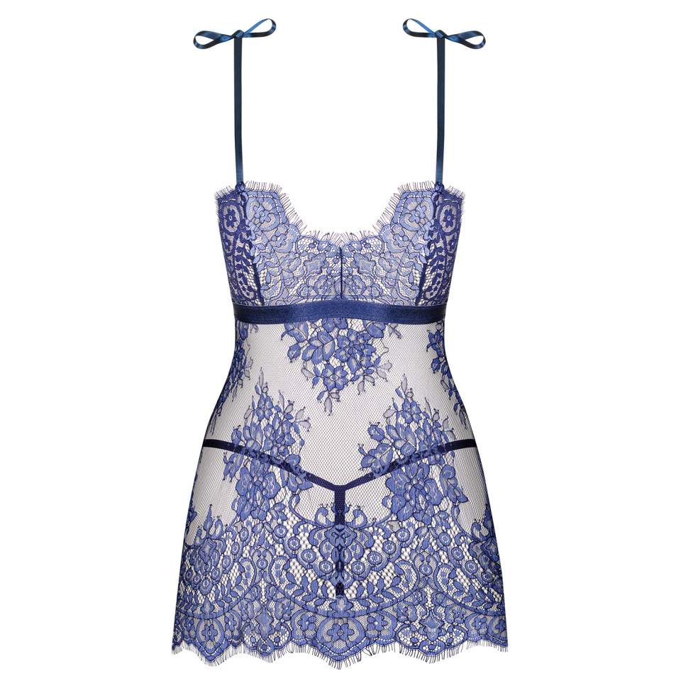 Niebieska koszulka babydoll Obsessive Flowlace w komplecie ze stringami