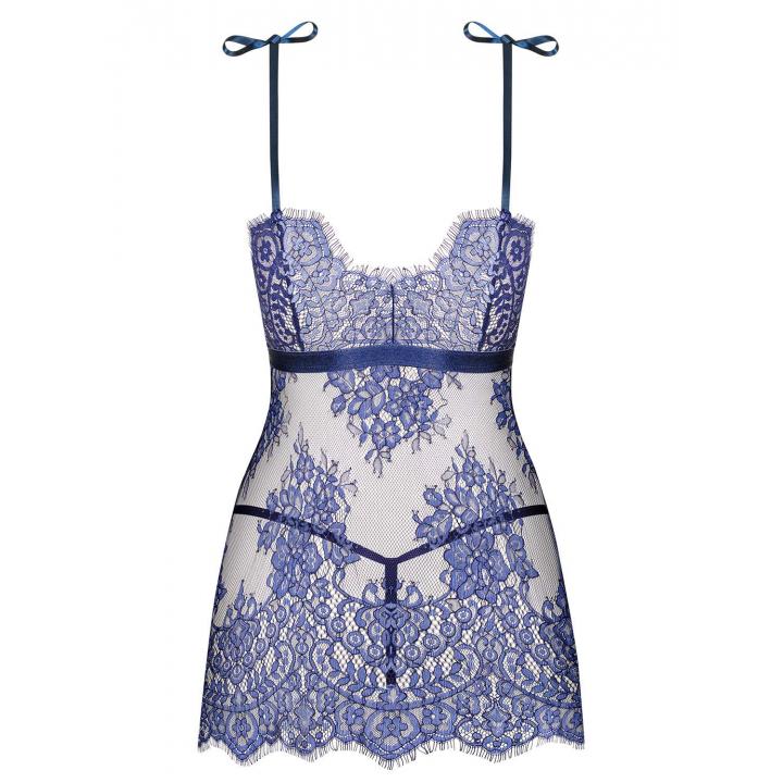 Niebieska koszulka babydoll Obsessive Flowlace w komplecie ze stringami