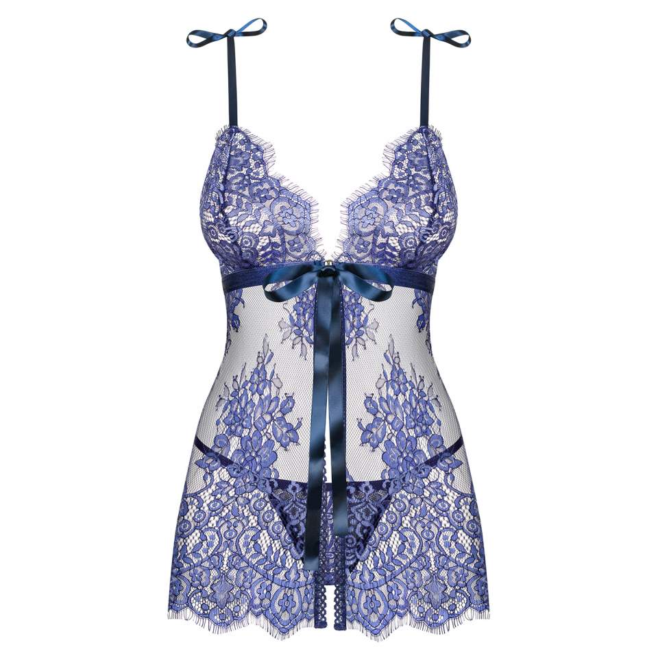 Niebieska koszulka babydoll Obsessive Flowlace w komplecie ze stringami
