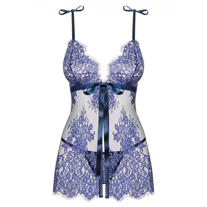 Niebieska koszulka babydoll Obsessive Flowlace w komplecie ze stringami