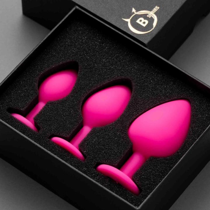 Zestaw korków analnych silikonowych 3 szt pink z kryształkiem rose | Loris.pl