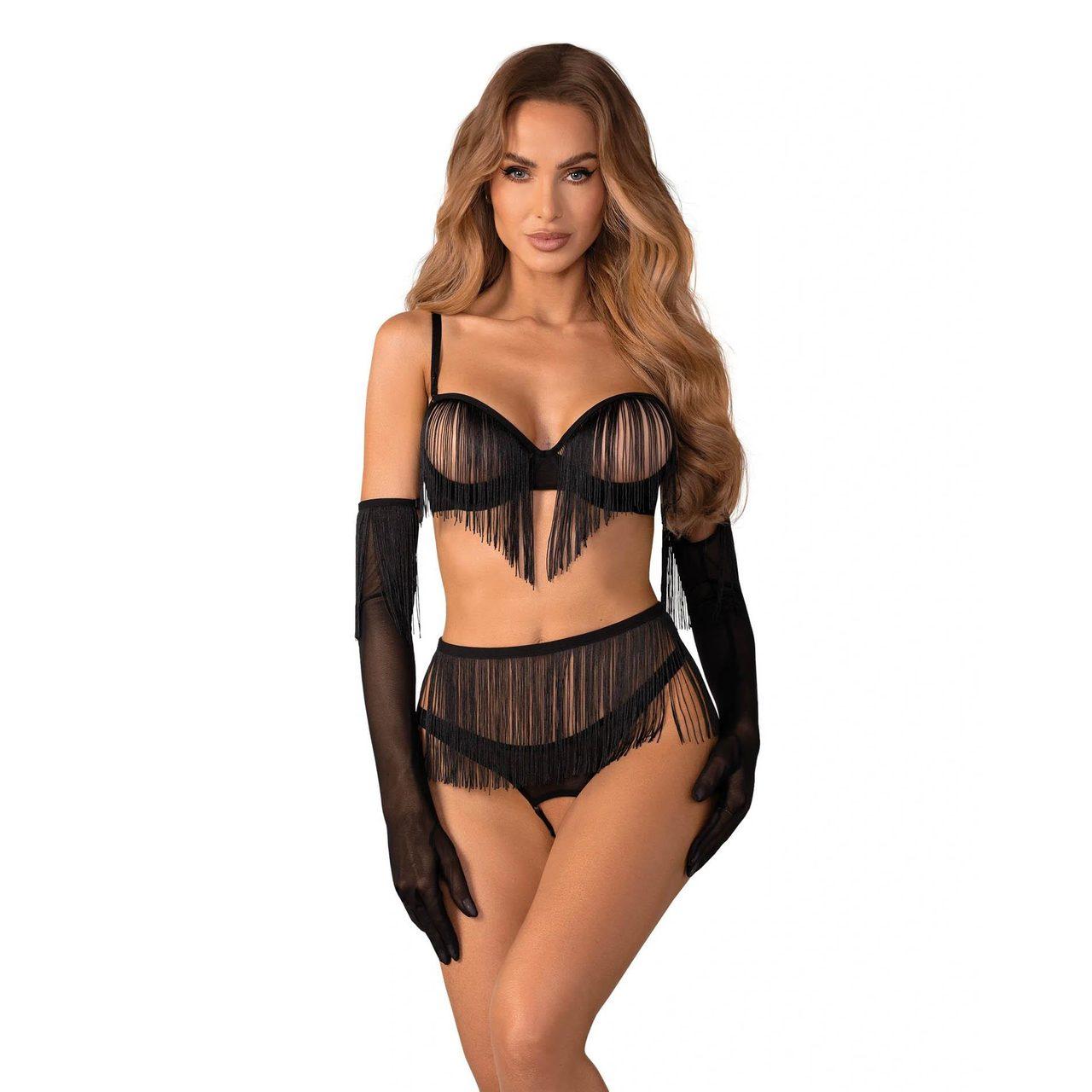Obsessive Rossay Black - komplet 4-częściowy open bra z rękawiczkami