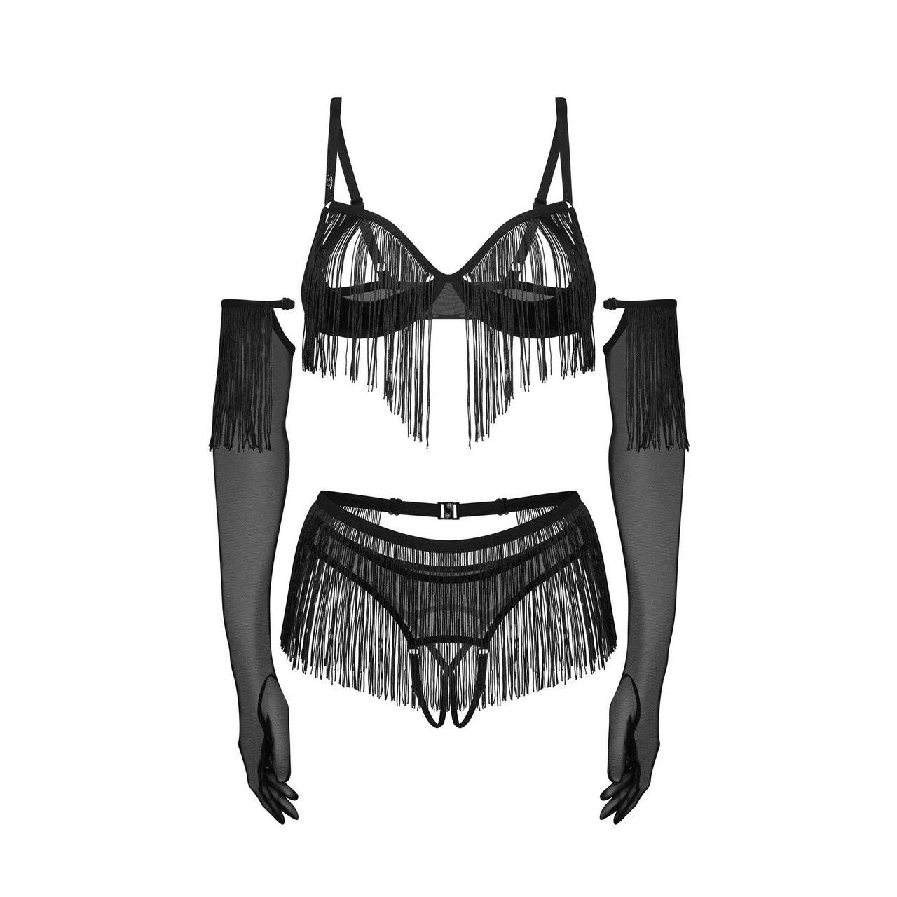 Obsessive Rossay Black - komplet 4-częściowy open bra z rękawiczkami