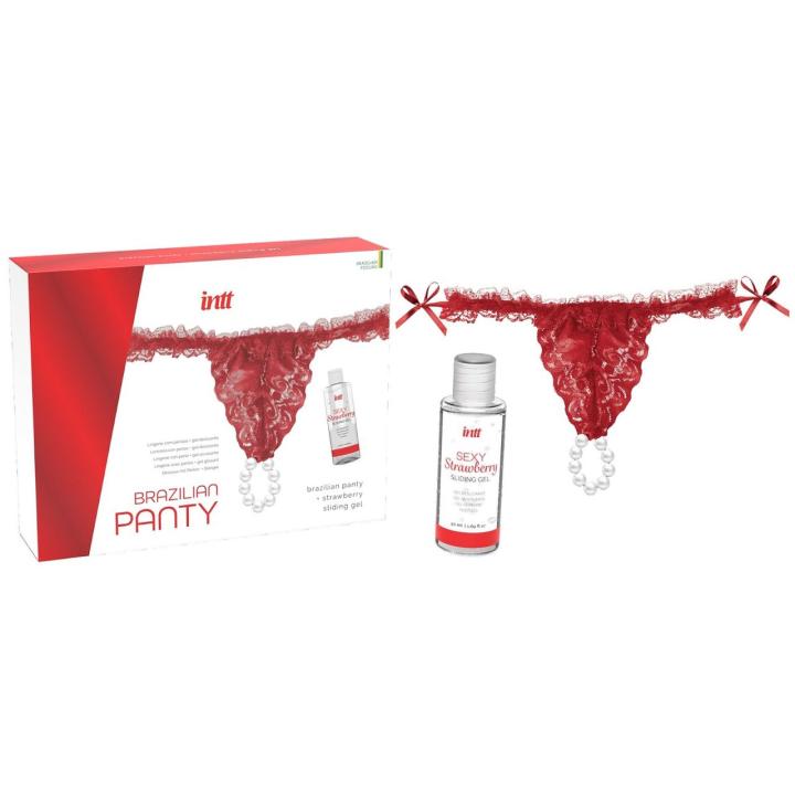 Koronkowe figi z perłowym pierścieniem + lubrykant truskawkowy 50 ml | Loris.pl