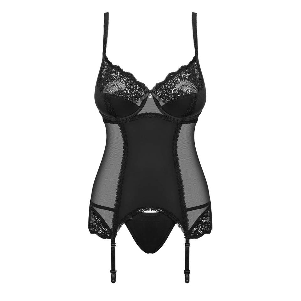 Czarny gorset Obsessive Amallie z paskami do pończoch