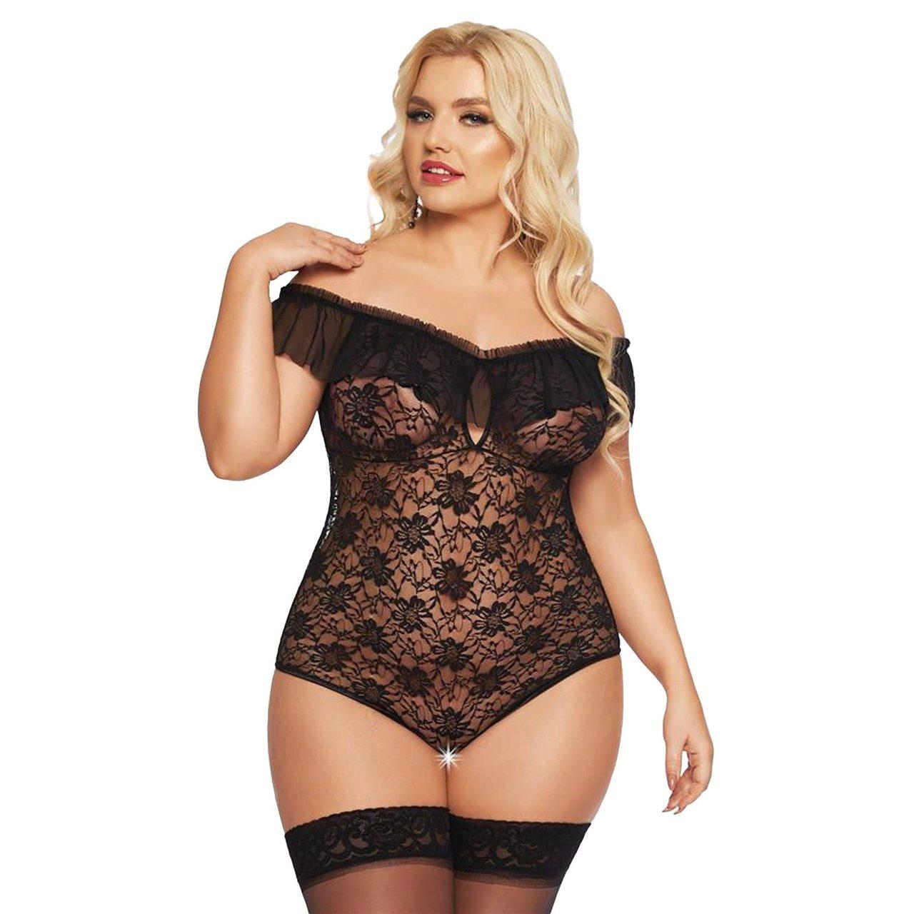 Czarne koronkowe body plus size  z wycięciem z tyłu | Loris.pl