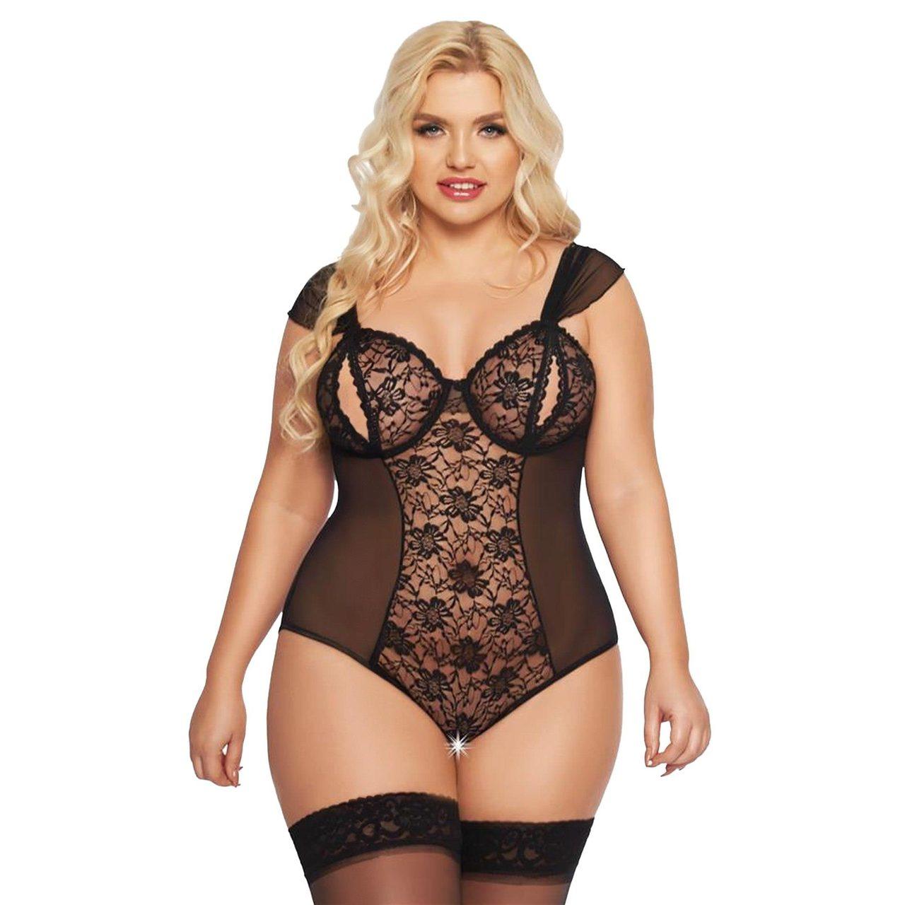Czarne koronkowe body 3XL z rozcięciami na biuście | Loris.pl