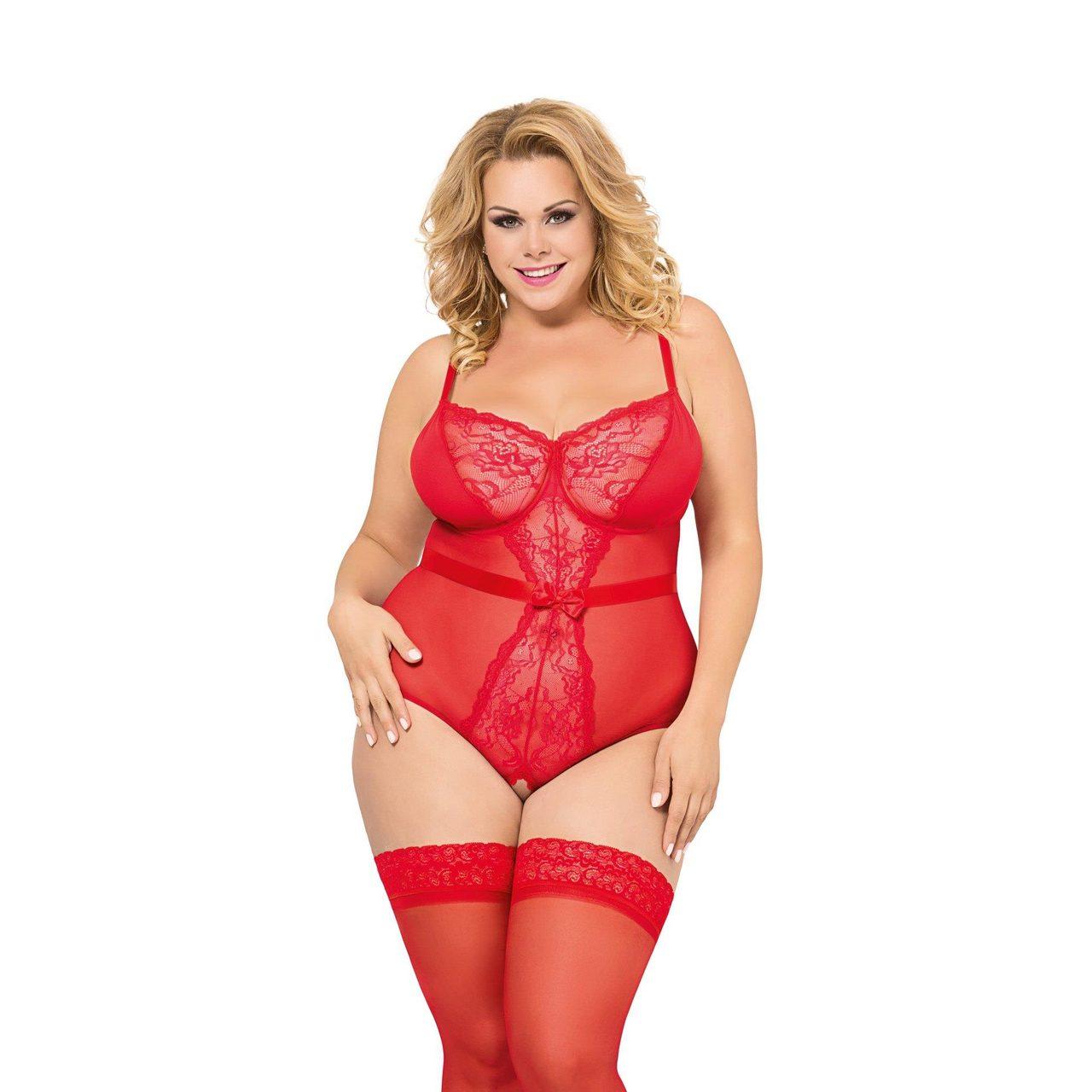 Czerwone koronkowe body z siateczki - plus size – wycięcia z tyłu | Loris.pl