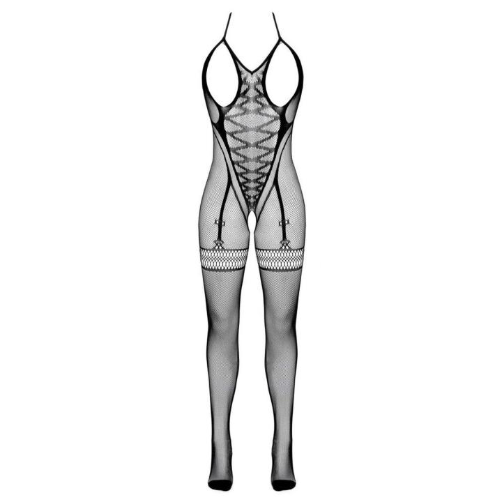 Catsuit z siateczki halter z otwartymi miseczkami i otwartym krokiem S-L