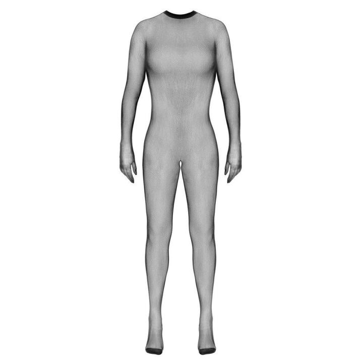 Czarny bodystocking catsuit z otwartym krokiem i rękawiczkami S-L